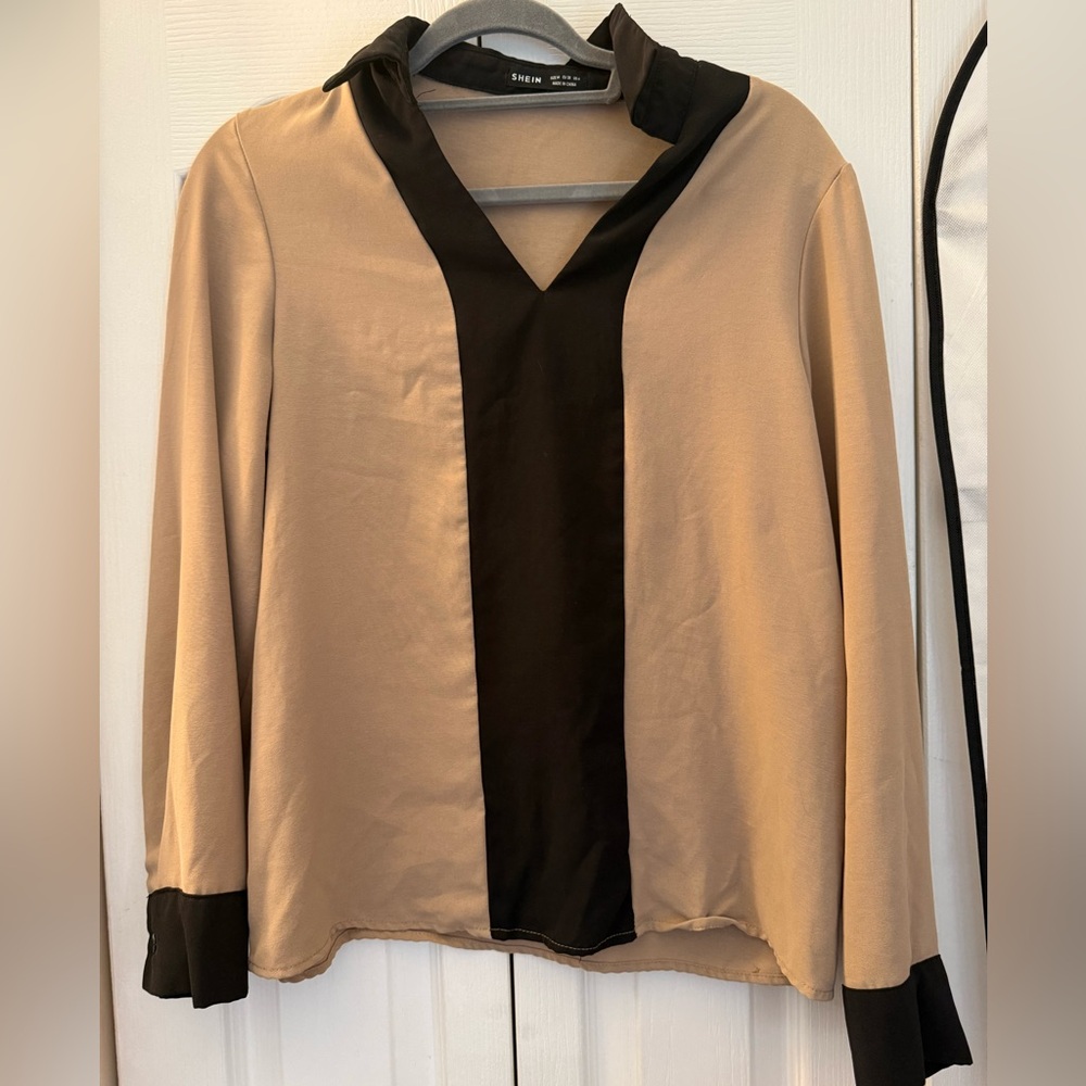 Tan and Black V-Neck Blouse